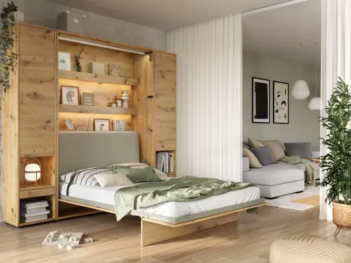 Idée pour comment aménager une chambre en longueur : un lit escamotable intégré dans une bibliothèque en bois, optimisant l'espace.