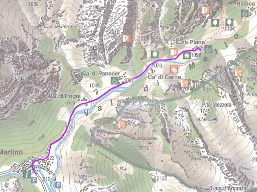 Percorso di trekking Val di Mello: sentiero viola da S. Martino a C.na Piana, passando per Ca' di Rogni e Ca' di Carna.