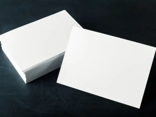 Pila de tarjetas blancas sobre fondo oscuro. El gramaje del papel es ideal para impresiones de alta calidad.