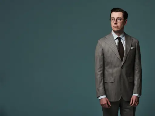 A man in a pinstripe suit, with a brown tie and glasses, stands against a teal background. The jacket length appears to be ideal, hitting just below the seat.