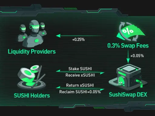 Schemat SushiSwap DEX: dostawcy płynności otrzymują 0.25% opłat, posiadacze SUSHI stakują SUSHI, by otrzymać xSUSHI, a SushiSwap DEX pobiera 0.3% opłat.