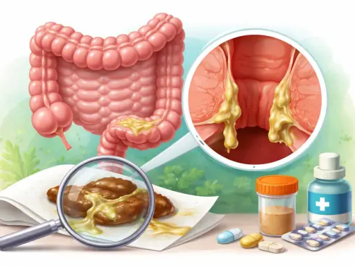 Ingrandimento del colon e dell'ano con secrezioni giallastre. Le feci mostrano muco, suggerendo possibili problemi digestivi. Farmaci in primo piano.