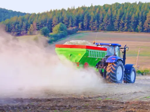Traktor rozsiewa wapno do ziemi, tworząc chmurę pyłu na polu. W tle las i wzgórza.