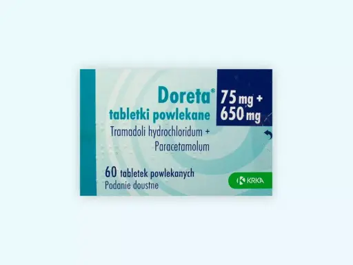Opakowanie leku Doreta 75 mg + 650 mg, zawierające 60 tabletek powlekanych do podania doustnego. Dawkowanie należy ustalić z lekarzem.