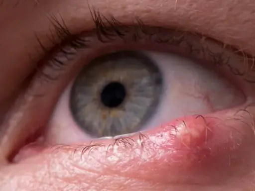 Gros plan sur un œil avec une tache rouge sur la paupière supérieure, près des cils.