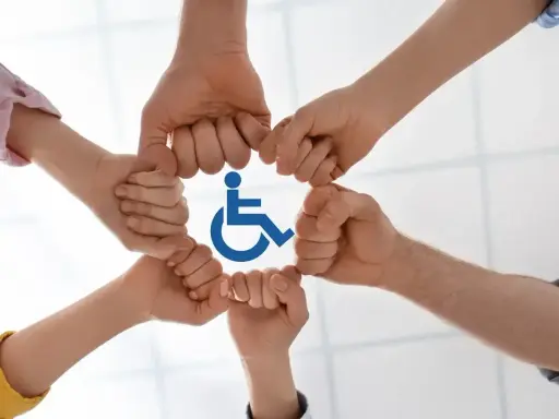 Dłonie tworzą krąg wokół symbolu niepełnosprawności, symbolizując wsparcie i integrację.
