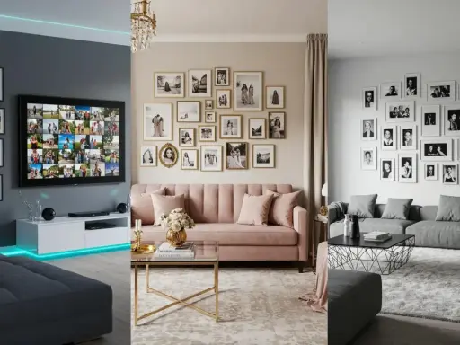 Tres salones modernos decorados con muchas fotos familiares en casa, creando un ambiente cálido y personal.