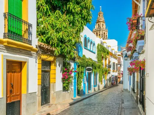 Calle empedrada con casas blancas adornadas con flores y enredaderas. Al fondo, la torre de la Mezquita-Catedral, un imprescindible que ver en Andalucía.