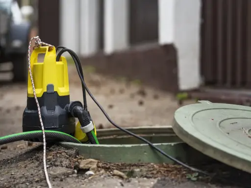 Bomba de agua funciona pero no sube agua. La bomba amarilla y negra está sumergida en una alcantarilla abierta, conectada a una manguera verde.