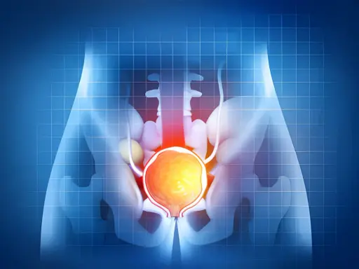 Anatomical illustration of the male pelvic region, highlighting the bladder and prostate. Czy przerost prostaty może się cofnąć?