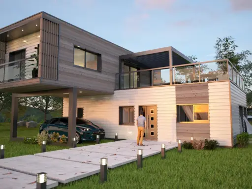 Une maison conteneur moderne avec une voiture garée sous un abri, un chemin éclairé et une piscine.
