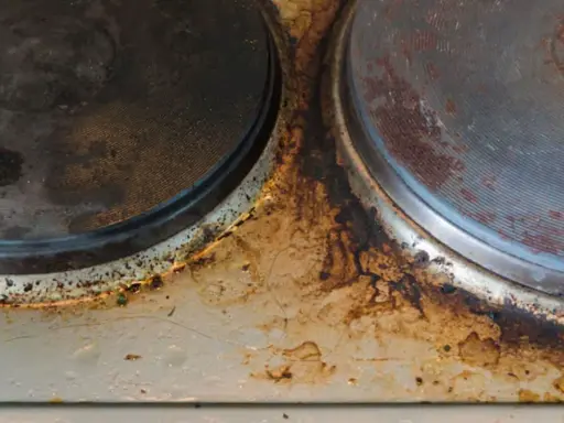 Placa de cocina con óxido y suciedad. Se necesita quitar óxido con vinagre y bicarbonato para restaurarla.
