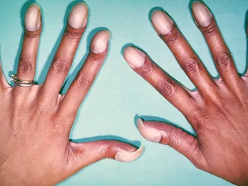 Hände mit trommelschlegelfinger-ähnlichen Fingerkuppen, die auf eine mögliche Erkrankung hindeuten.