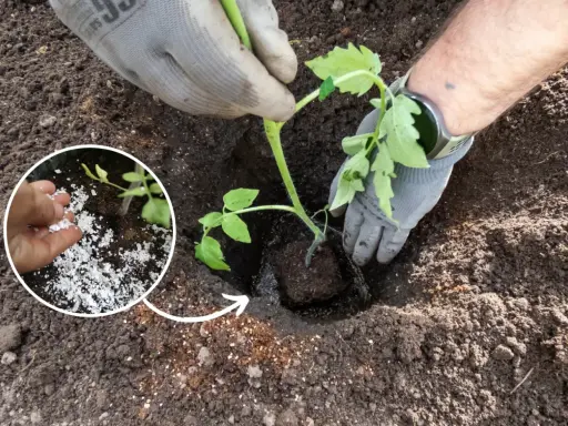 Sadzenie pomidorów: rękawiczki i nawóz w dołku. Pamiętaj o odpowiednich odstępach, by rośliny miały miejsce do wzrostu.