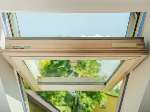 Ventana de madera abierta, mostrando el doble cristal y el mecanismo. Ideal para aprender como poner doble cristal en ventanas de madera.