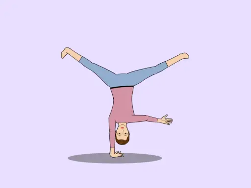 Ilustración de una persona haciendo una parada de manos con las piernas abiertas, como para enseñar como hacer volteretas niños.