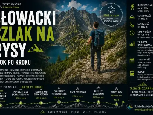 Turysta z plecakiem i kijkami idzie kamienistym szlakiem w Tatrach Słowackich. W tle jezioro i góry, w tym Rysy. Opis szlaku, trudności i dojazdu. Ubezpieczenia (łańcuchy) pod przełęczą Waga.