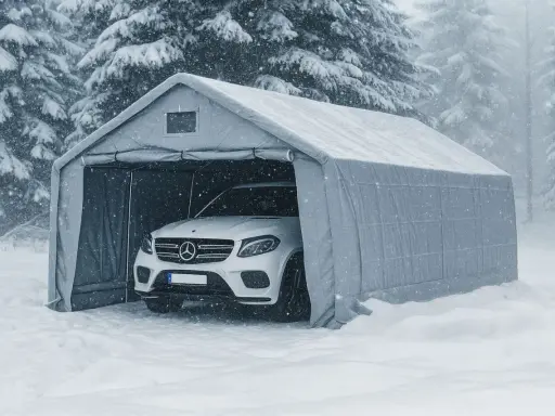 Biały Mercedes w namiocie garażowym chroni się przed śnieżycą. Idealne miejsce na konserwację auta zimą.