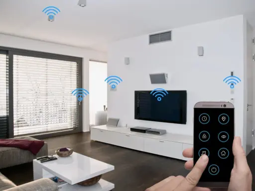 Moderne smart home ideen: Ein Smartphone steuert Licht, Musik und mehr im Wohnzimmer.