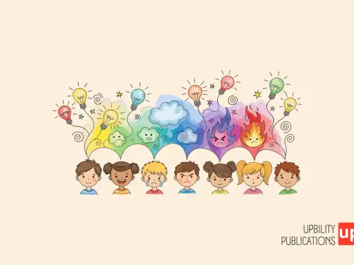Bambini con espressioni emotive diverse, da gioia a rabbia, con lampadine che rappresentano pensieri e la **dissociazione emotiva** come un arcobaleno di sentimenti.