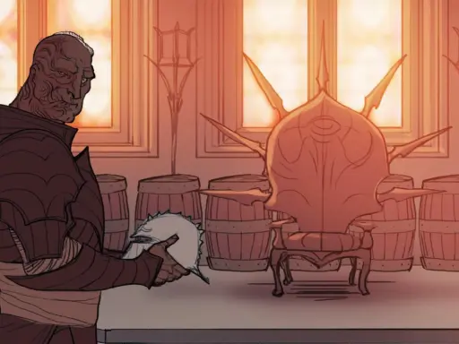 Mroczny wojownik z bliznami na twarzy trzyma hełm. Scena z gry Dragon Age Inkwizycja spolszczenie.