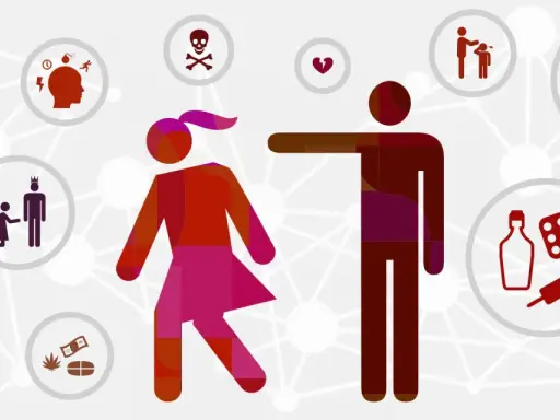 Ilustracja przedstawia parę, wokół której krążą symbole przemocy, uzależnień i braku empatii, sugerując psychopatię.
