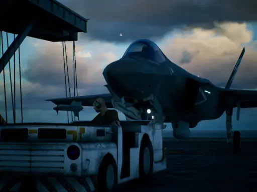 Na lotniskowcu F-35 Lightning II czeka na start. W tle chmury i morze. To scena z gry, która może być częścią ace combat 7 poradnik.