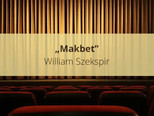 Widok na puste czerwone fotele w teatrze z zasłoną i napisem "Makbet" Williama Szekspira.