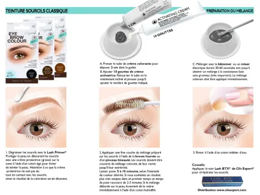 Teinture sourcils : le mélange prêt, application et rinçage pour une durée optimale.