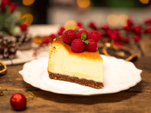 Sernik creme brulee z malinami i miętą, udekorowany na drewnianym stole, w świątecznej scenerii.