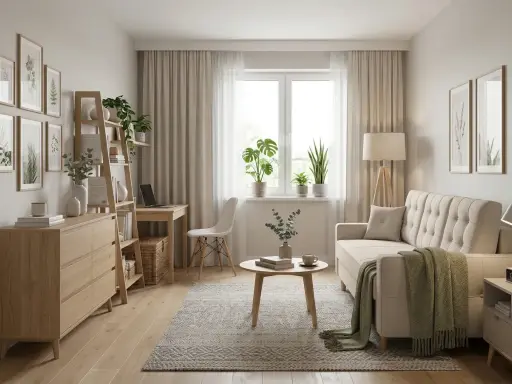 Jasny, przytulny pokój gościnny inspiracje: sofa, stolik kawowy, komoda, regał, biurko, rośliny i obrazy z motywami roślinnymi.