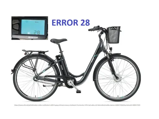 Czarny rower elektryczny z koszykiem i wyświetlaczem pokazującym "ERROR 28". Poznaj kody błędów roweru elektrycznego.