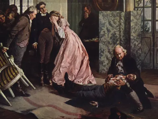 Tragiczna lotta w Weimarze. Młody mężczyzna umiera na rękach starszego, otoczeni przez zszokowanych świadków. Kobieta w różowej sukni płacze.
