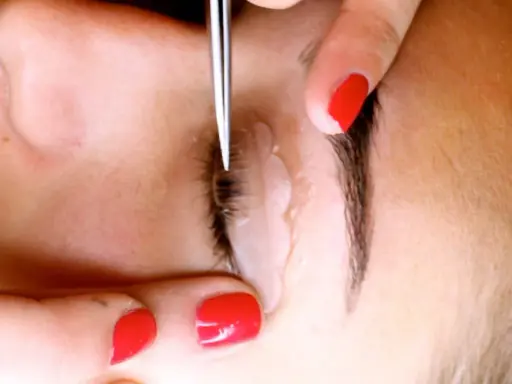 Application d'un produit pour recourber les cils. Une main aux ongles rouges tient délicatement la paupière pendant que l'outil travaille.