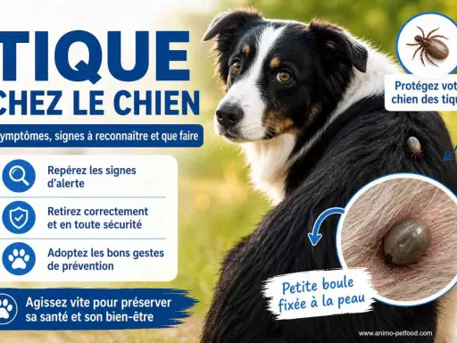 Un chien avec une tique mal enlevée sur le dos. L'image montre des conseils pour protéger votre chien des tiques.