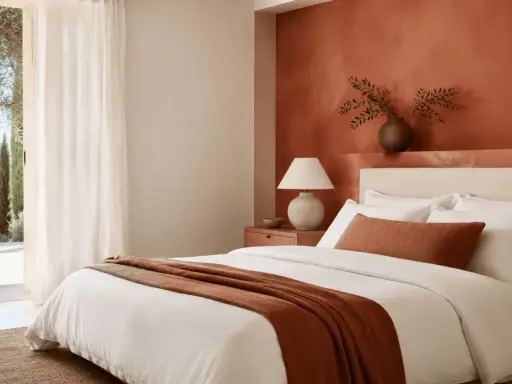 Chambre lumineuse avec mur couleur terracotta, lit blanc, jeté assorti et vue sur la mer.
