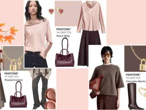 A mood board showcasing a soft autumn color palette with models, clothing, accessories, and Pantone color swatches like Peach Whip and Chocolate Martini.