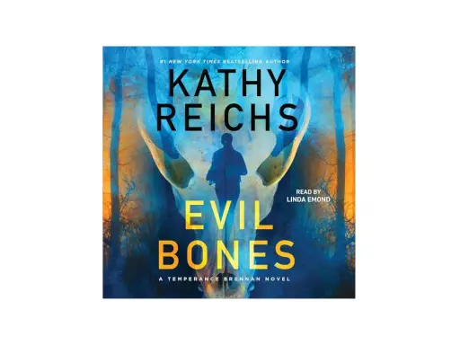 Copertina di "Evil Bones", l'ultimo libro di Kathy Reichs, con un teschio stilizzato e una figura in silhouette.