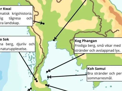 Karta över turistorter i Thailand: River Kwai, Khao Sok, Koh Phangan och Koh Samui.