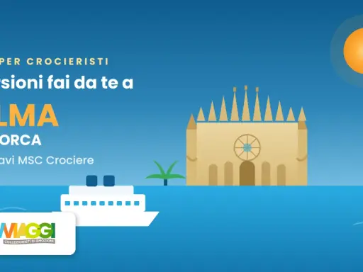 Guida escursioni fai da te a Palma di Maiorca con navi MSC Crociere. La cattedrale e una nave da crociera sullo sfondo.