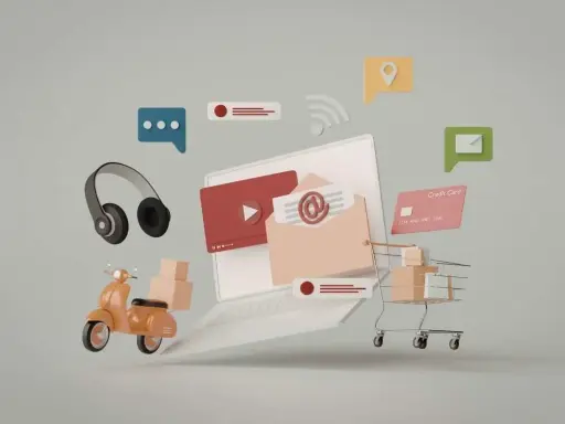 Laptop z ikonami: słuchawki, skuter z paczkami, koszyk sklepowy, karta kredytowa, koperta z @, lokalizacja, Wi-Fi, czat. To co to reklama.