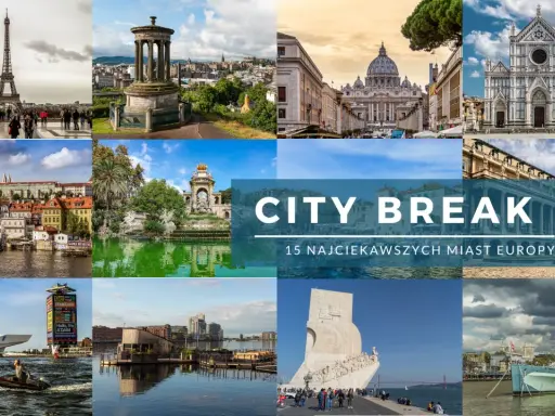 Kolaż zdjęć prezentujący najpiękniejsze miasta Europy: Wieża Eiffla, Watykan, Florencja, Praga, Lizbona i inne.