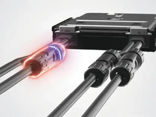 Enhet för solpaneler optimerare med kablar som ansluts. En kabel lyser med blå och röd energi.