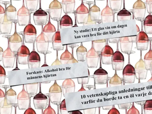 Vattenfärgsillustration av vinglas i olika färger. Texten "Forskare: Alkohol bra för männens hjärtan" och "Ny studie: Ett glas vin om dagen kan vara bra för ditt hjärta" antyder att alkohol kan ha hälsofördelar, men det är viktigt att komma ihåg att do...