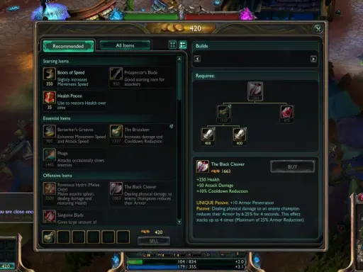 W grze League of Legends, gracz rozważa zakup przedmiotu "The Black Cleaver", który daje +250 zdrowia, +50 obrażeń ataku i redukcję czasu odnowienia.
