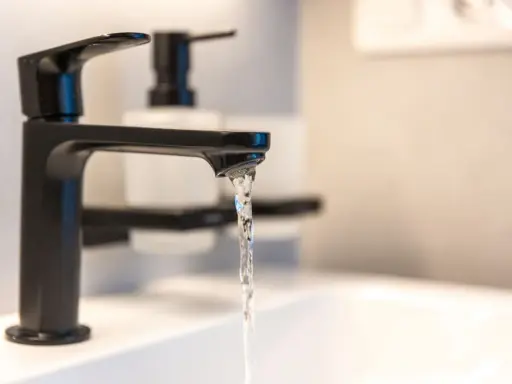 Robinet noir moderne, eau claire coulant dans un lavabo. Un adoucisseur d'eau est peut-être installé pour lutter contre l'eau calcaire.