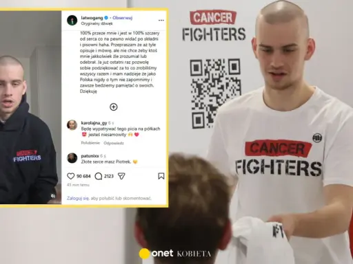 Młody mężczyzna w czarnej bluzie z napisem "Cancer Fighters" i białej koszulce z tym samym hasłem. To jego orginał, szczery przekaz.