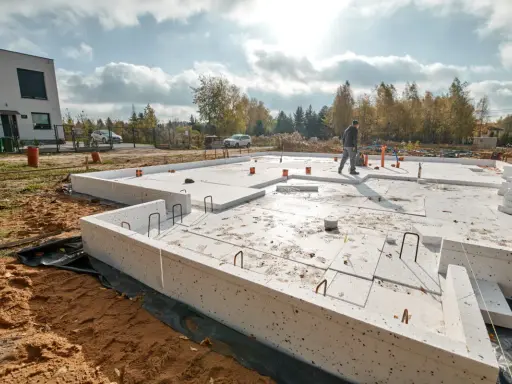 Budowa domu w toku. Widoczne różne rodzaje fundamentów, w tym płyta fundamentowa i ławy fundamentowe, przygotowane do dalszych prac.