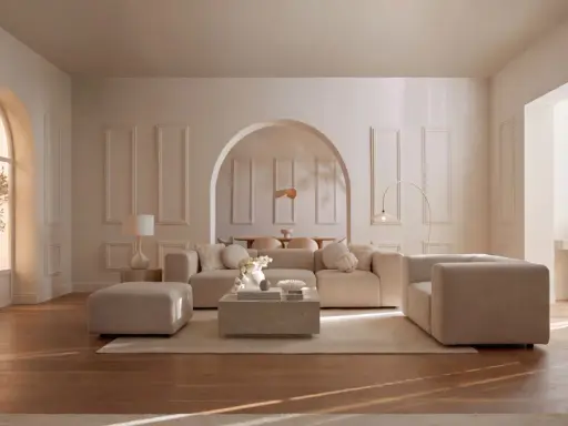 Salon lumineux aux murs beiges et moulures. Le mobilier, aussi beige, crée une ambiance douce. Quel couleur va avec le beige ? Le bois du parquet apporte une touche chaleureuse.