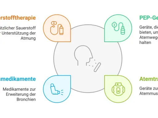 Schema zeigt Therapien bei COPD: Sauerstoff, Inhalationsmedikamente, PEP-Geräte, Atemtrainer. Hilft bei einem COPD-Anfall.